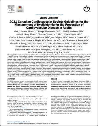 Première page de l’article portant sur les lignes directrices 2021 de la Société canadienne de cardiologie pour la prise en charge de la dyslipidémie pour la prévention des maladies cardiovasculaires chez les adultes